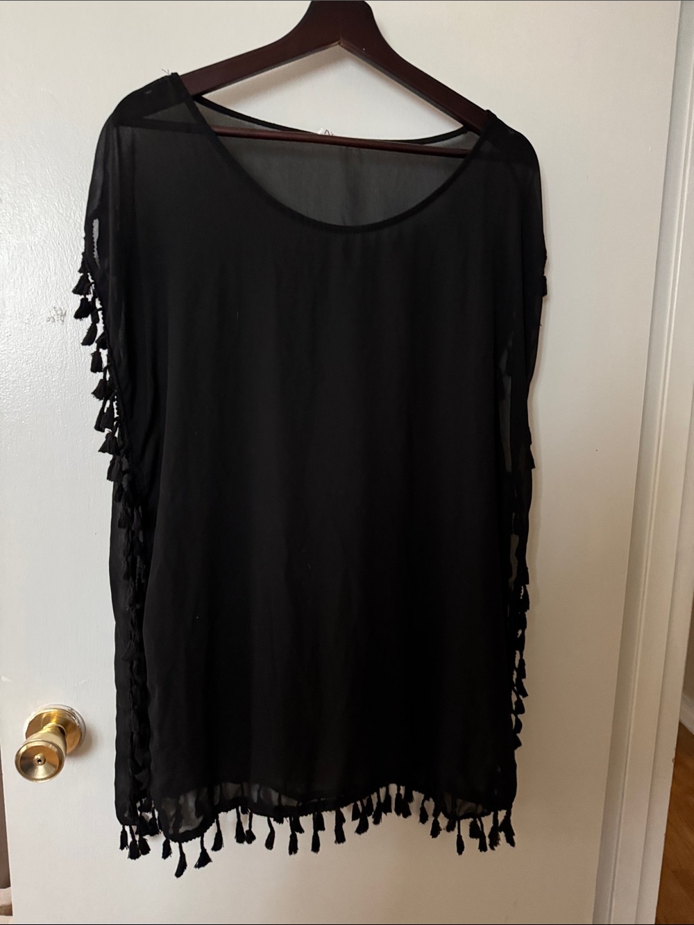 Source Unknown Black Sheer Tunic with Tassel Trim